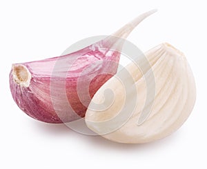 Peeled and unpeeled garlic cloves on white background