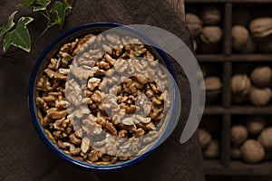 Peeled walnuts in rustic style