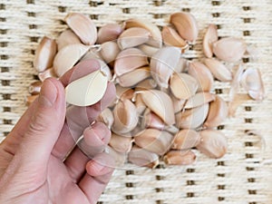 Peeled white clove of garlic in hand