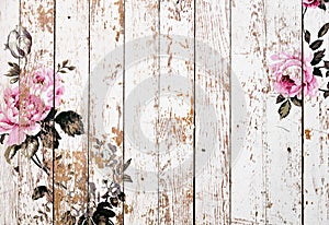 Peeled wooden texture with shabby chic vintage roses