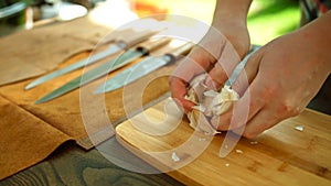 Peeling the garlic. Aromatic, health.