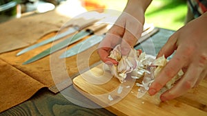 Peeling the garlic. Aromatic, health.