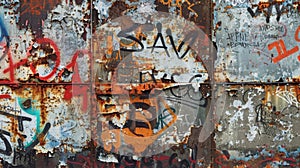 The peeling layers of graffiti on a rusted metal wall revealing snippets of past messages and artistic expressions