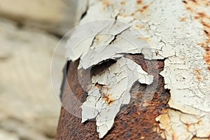 Peeling old paint from a metal pipe that has corroded. Chemical transformations in building materials that lead to