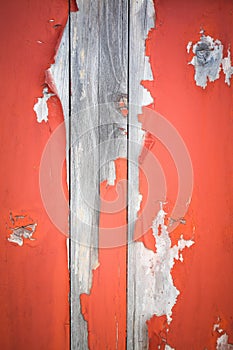 Peeling paint on aging wooden door