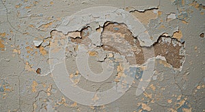 Peeling paint on a textured wall reveals multiple layers underneath.