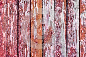 Peeling red paint texture of an old wooden fence with abstract natural pattern, background board