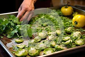 peeling roasted tomatillos by hand for a salsa verde mix