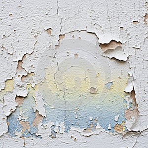 Peeling wall paint featuring multiple layers revealing aged, cracked surface. Top layer