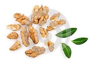 Peelled Walnuts with leaves isolated on white background. Top view. Flat lay