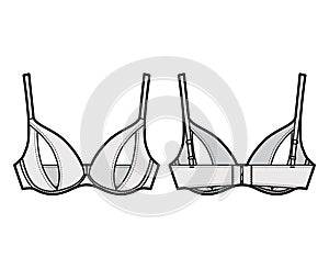 Peephole Bra lingerie technical fashion illustration with adjustable shoulder straps, Underwire, hook-and-eye closure