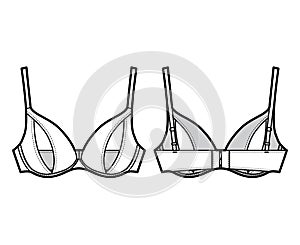 Peephole Bra lingerie technical fashion illustration with adjustable shoulder straps, Underwire, hook-and-eye closure