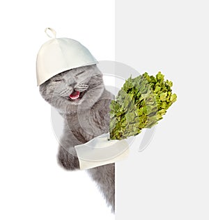 Peeping Cat in the hat of bath holding a birch broom. isolated on white background