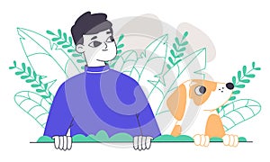 Peeping and curious guy with cute dog, spying, searching man. Searching observing man secretly looking out from bushes flat vector