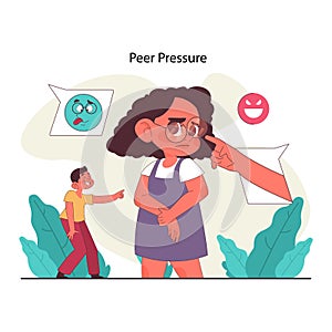 Peer pressure concept. Young girl being pointed at and teased, with insulting