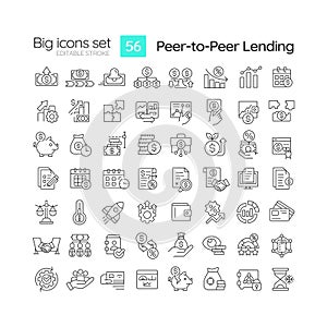Peer-to-peer lending linear icons set