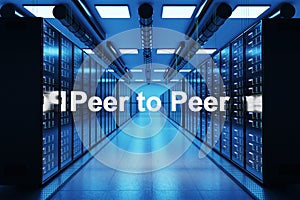 Peer to peer logo in large modern data center with multiple rows of network internet server racks, 3D Illustration