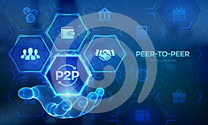 Peer to peer logo in wireframe hand. P2P payment and online model for support or transfer money. Peer-To-Peer technology concept