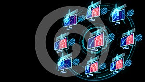 peer to peer network wireless connection simulation of virus covid 19 on monitor digital lung technology to reseach vaccine about photo