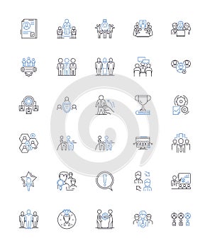 Peers line icons collection. Colleagues, Mates, Classmates, Acquaintances, Comrades, Friends, Allies vector and linear