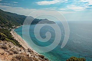 Pefkoulia beach, Lefkada, Greece. Aerial view from a parking slot
