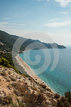 Pefkoulia beach, Lefkada, Greece. Aerial view from a parking slot