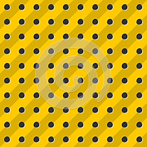 Peg board seamless pattern texture. Perforated wall for tools background. Yellow diagonal striped board with holes.