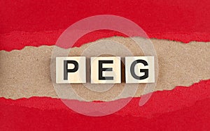 PEG word on wooden cubes on red torn paper , financial concept background