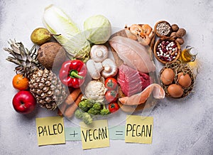 Pegan diet. Paleo and vegan products
