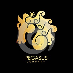 Pegasus company gold promotional emblem with mythical horse profile