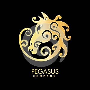 Pegasus company golden horse creative logo design isolated on black