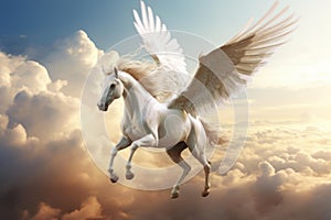 Pegasus flying on sky. Generate Ai