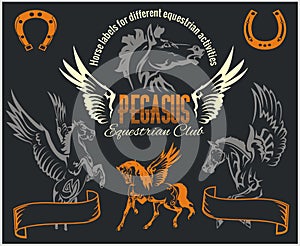 Pegasus and horses vintage labels, badges