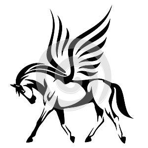 pegasus illustration - winged horse side view black and white vector design