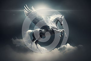 pegasus, a mythological animal, a horse with wings, gallops against the sky, generative ai