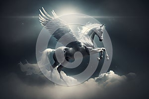 pegasus, a mythological animal, a horse with wings, gallops against the sky, generative ai photo