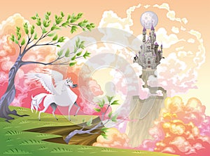 Pegasus and mythological landscape. photo