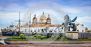 Pegasus Statues, San Pedro Claver church Domes and Ship - Cartagena de Indias, Colombia