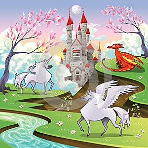 Pegasus, unicorn and dragon in a mythological land