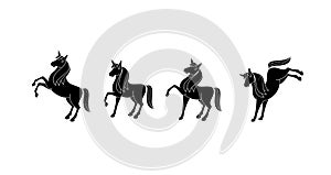 Pegasus unicorn logo icon designs vector illustration with black shilouette style isolated