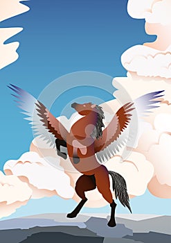 Pegasus vector illustration. Banner with reared, brown Pegasus on clouds background and blue sky. Magical animal illustration.