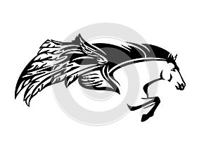 Pegasus winged horse flying forward profile head and front legs black vector design