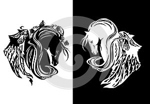 pegasus winged horse with long mane and rose flowers black and white vector head
