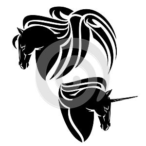 Pegasus winged horse and mythical unicorn head black and white vector design
