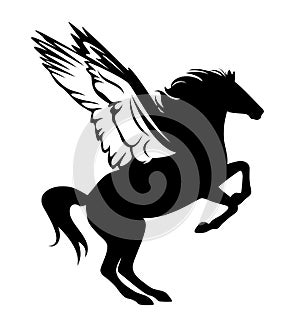 Pegasus winged horse rearing up black vector silhouette