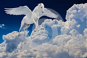 Pegasus winged legendary white horse flying with spread wings in cloudy sky