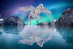 Pegasus winged legendary white horse flying with spread wings dreamy landscape