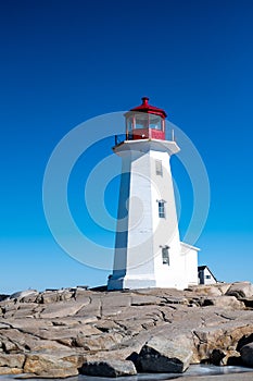 Peggy's Cove Lighthouse with blue skies and frozen water