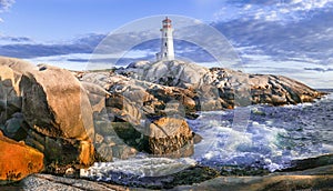 Peggy`s Cove Lighthouse at sunset photo