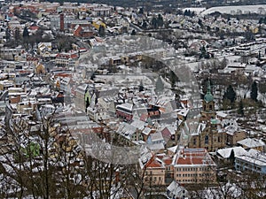 Pegnitz, main street, church of St. BartholomÃ¤us, and town hall. View from observation tower